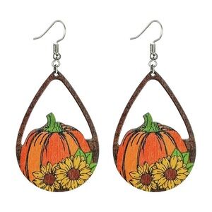 Pumpkin and Sunflower Teardrop Wooden Earrings